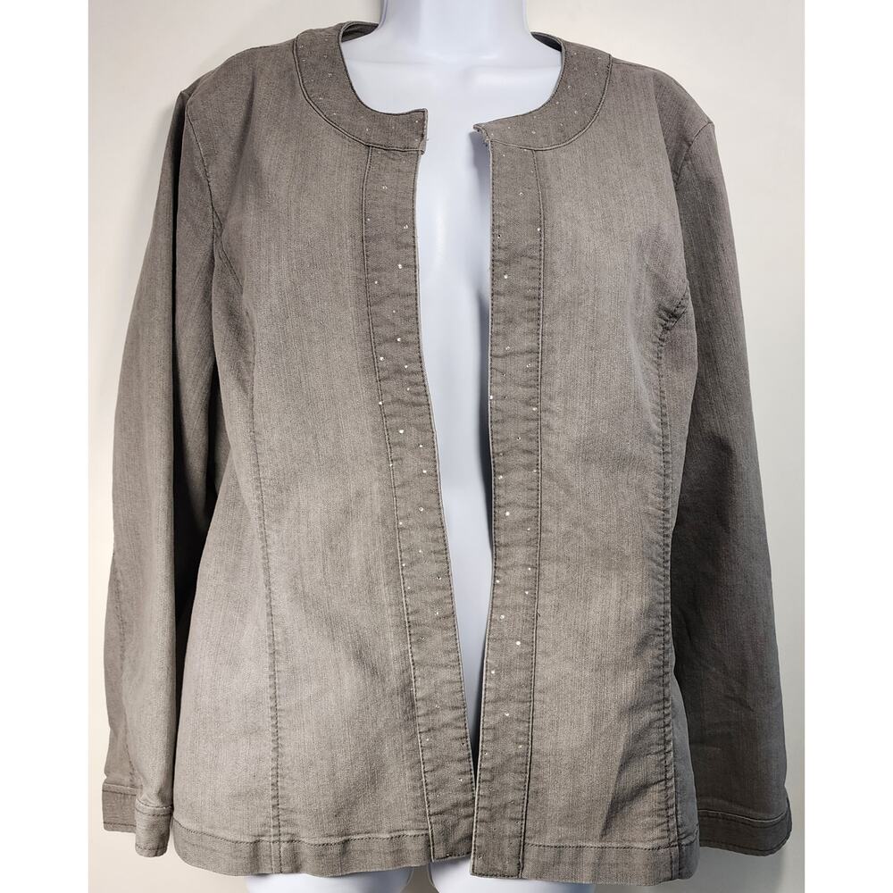 Chico's Gray Denim Jacket Studded‎ Open Front Stretch Blazer Size 3